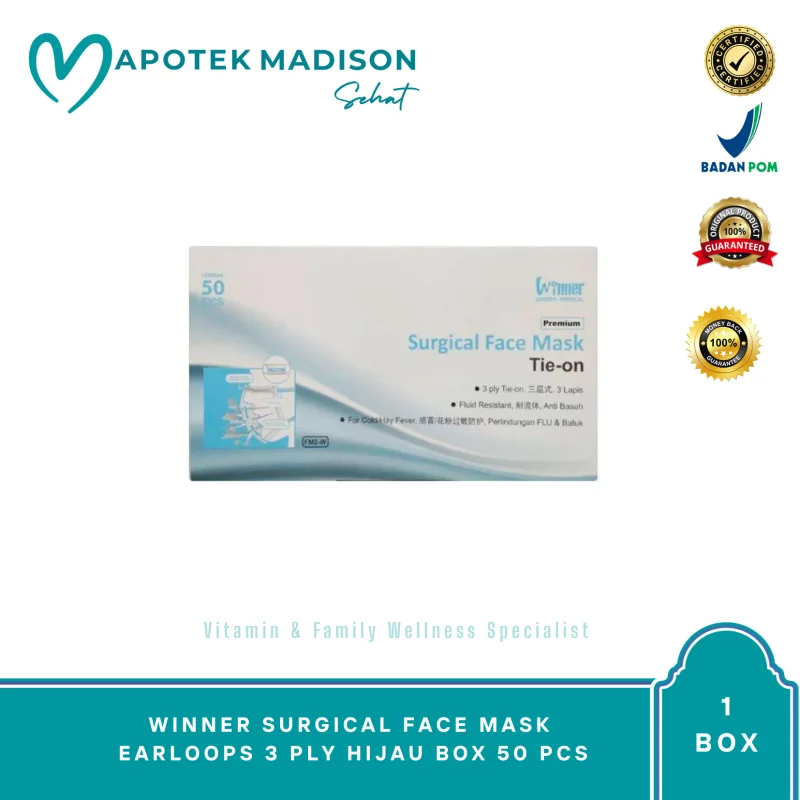WINNER SURGICAL FACE MASK EARLOOPS 3 PLY HIJAU BOX 50 PCS